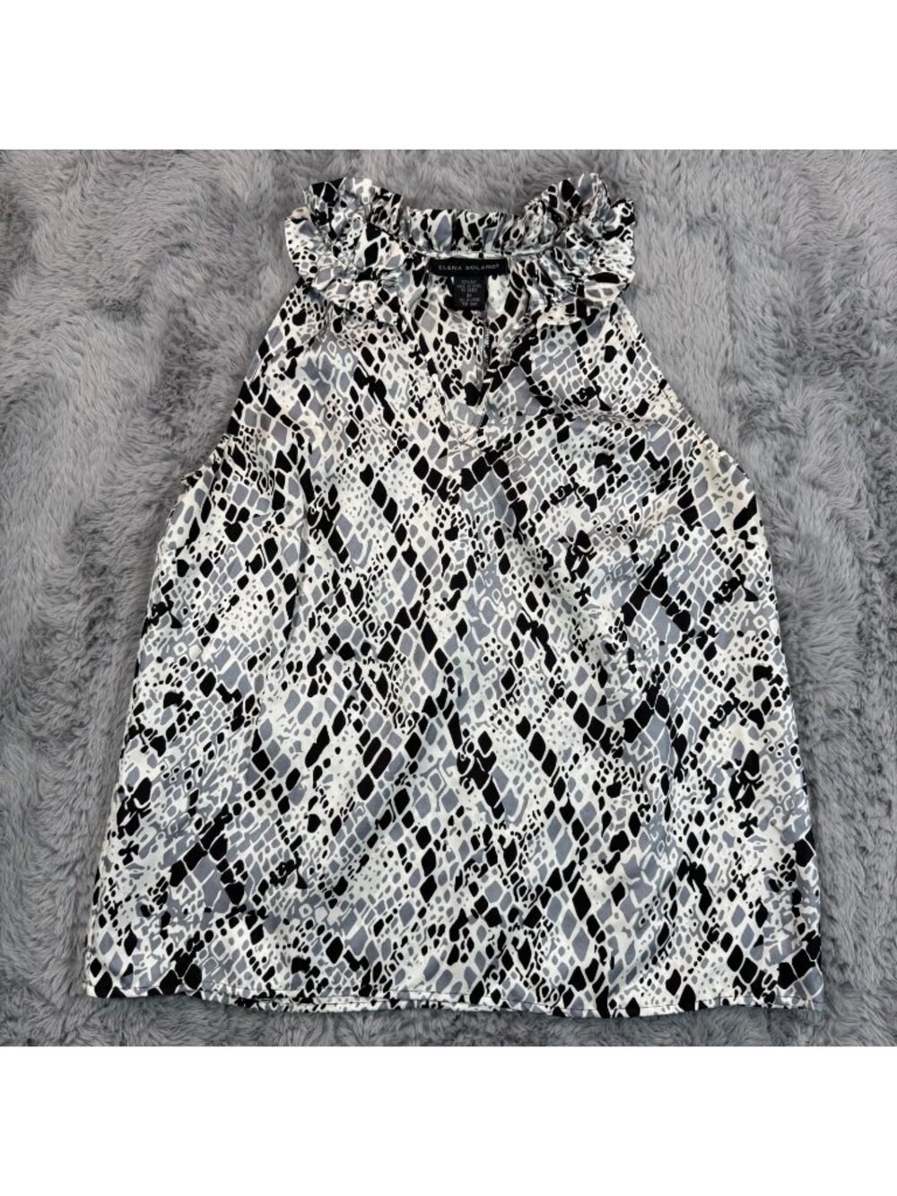 Elena Solano Blouse Top Women's M White Geometric Silk Chiffon Ruffled Summer